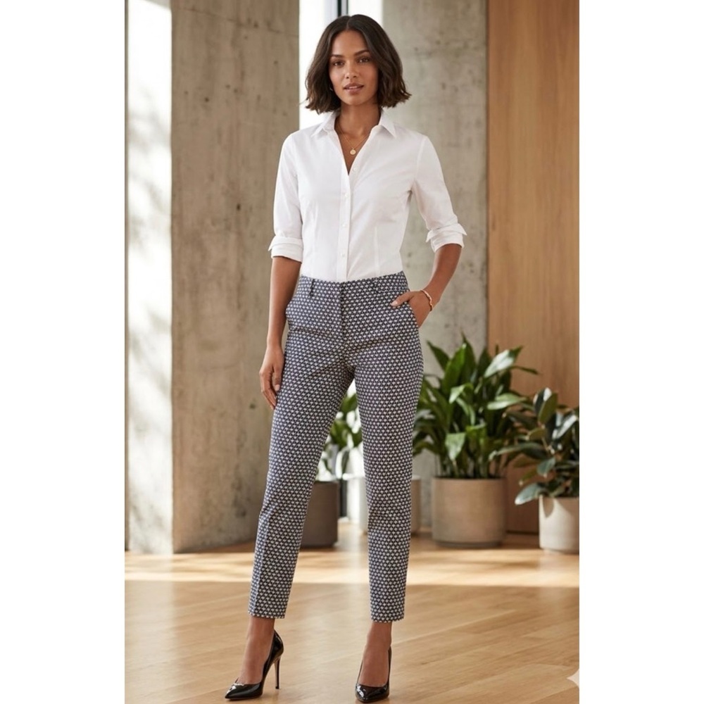 LOFT Marissa Skinny Navy White Geometric Print Ankle Workwear Office Pants 10